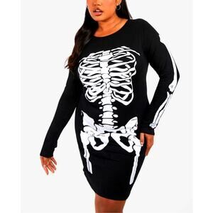 NEW! Lrg 12 Plus Skeleton Black Bodycon Halloween Costume Dress Long Sleeve Mini
